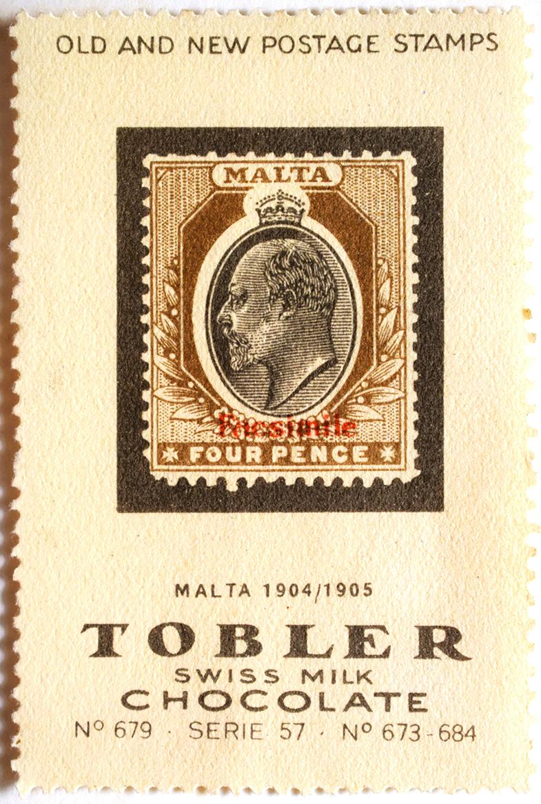 A four pence Edward VII stamp on a Tobler chocolate promotion