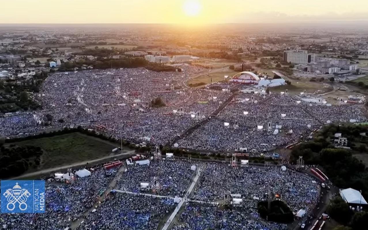 An aerial view of the crowd gathered at Tor Vergata in Rome for the Jubilee Vigil for Youth. Image: Vatican Media