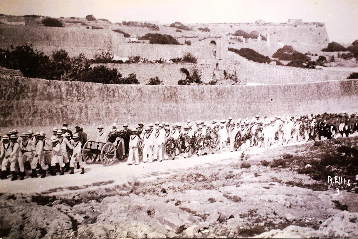 Governor Congreve’s funeral cortège from Mtarfa Hospital to Valletta. Richard Ellis postcard.
