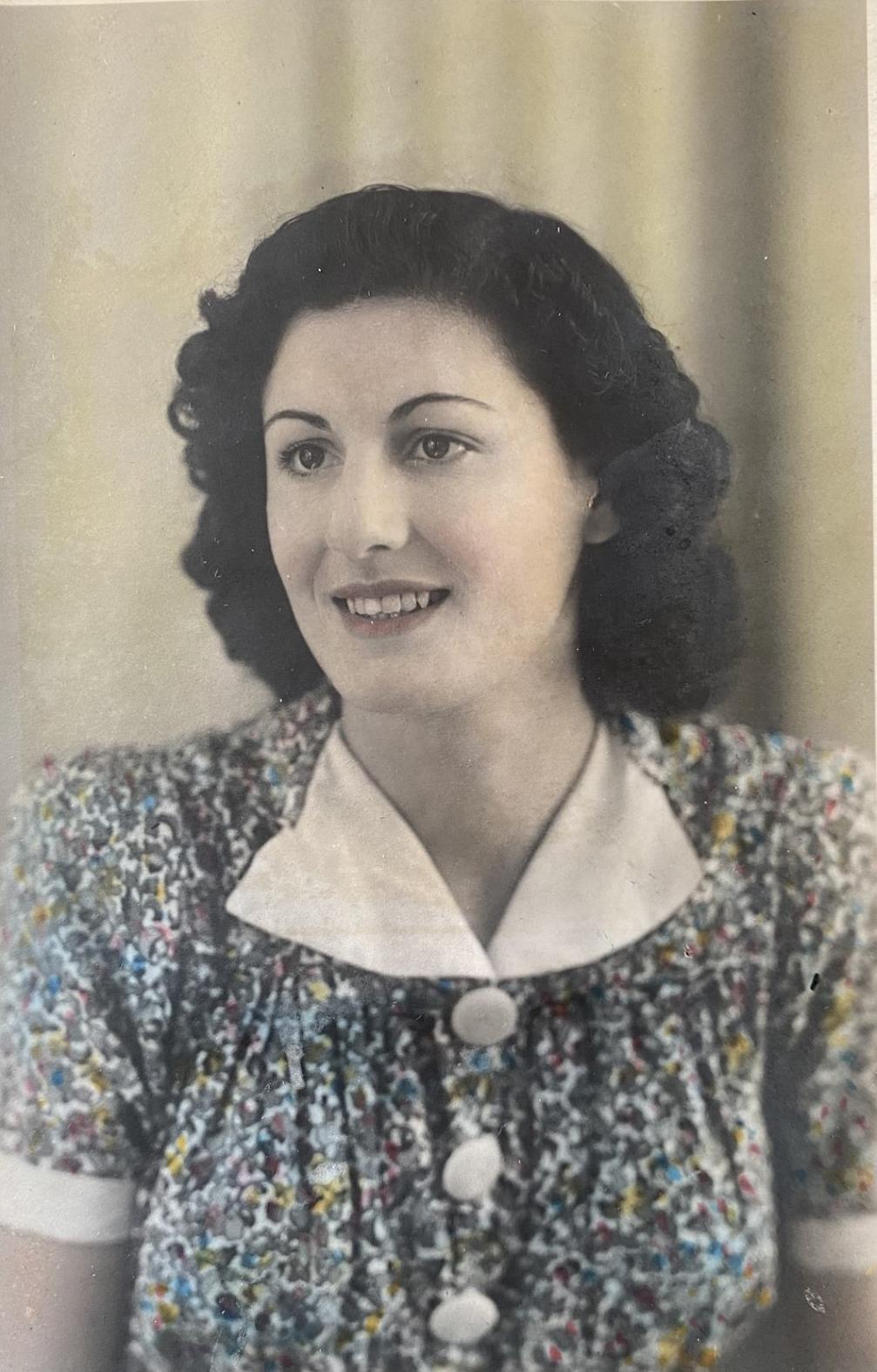 Kay in late 1941, age 17. She bought the material for the dress, which she made herself, from her very first RAF pay packet.