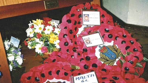 Malta&rsquo;s wreath at the memorial service in Plymouth, 2003.