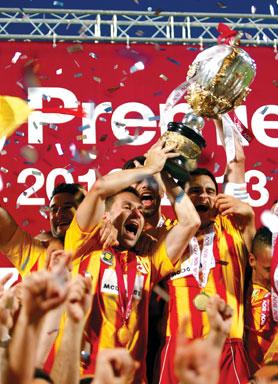 Birkirkara captain Gareth Sciberras (right) and Paul Fenech lift the BOV Premier League Trophy yesterday. The Stripes won their fourth league title after beating Hibernians 3-1 in a Championship decider at the National Stadium. Photo: Darrin Zammit Lupi