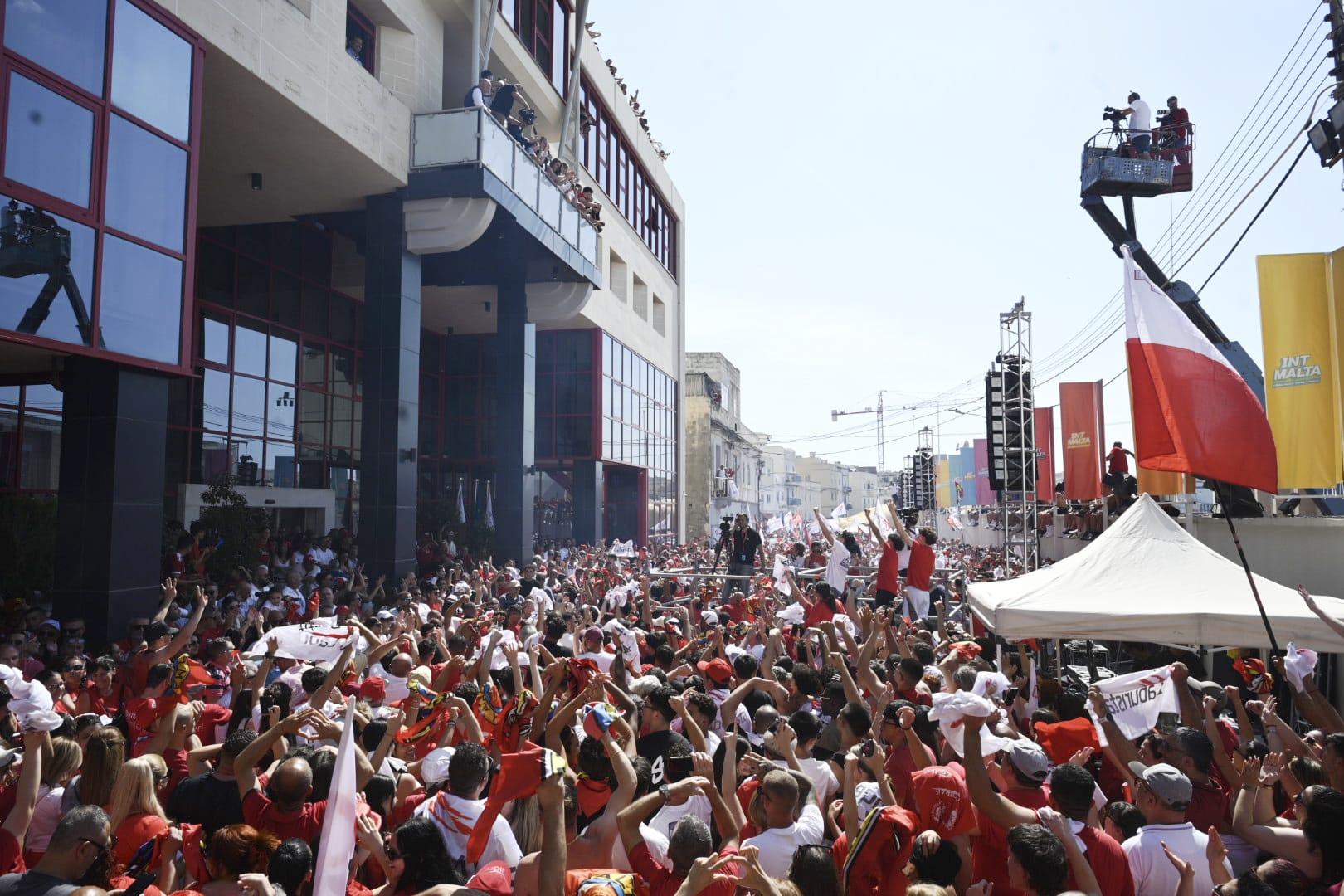 Hundreds of Labour Party supporters gathered outside the party's headquarters in Mile End to hear Robert Abela speak. Photo: Matthew Mirabelli.
