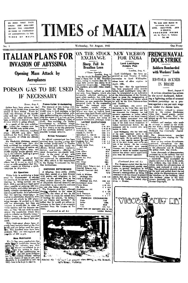 The first edition of Times of Malta, published on August 7, 1935.