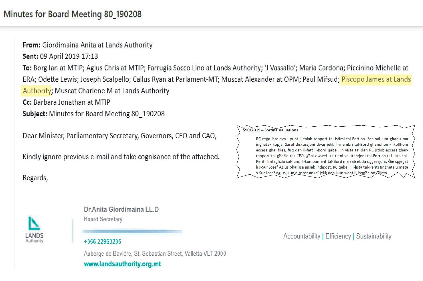 James Piscopo continued to be sent minutes about board minutes discussing the Fortina valuation.