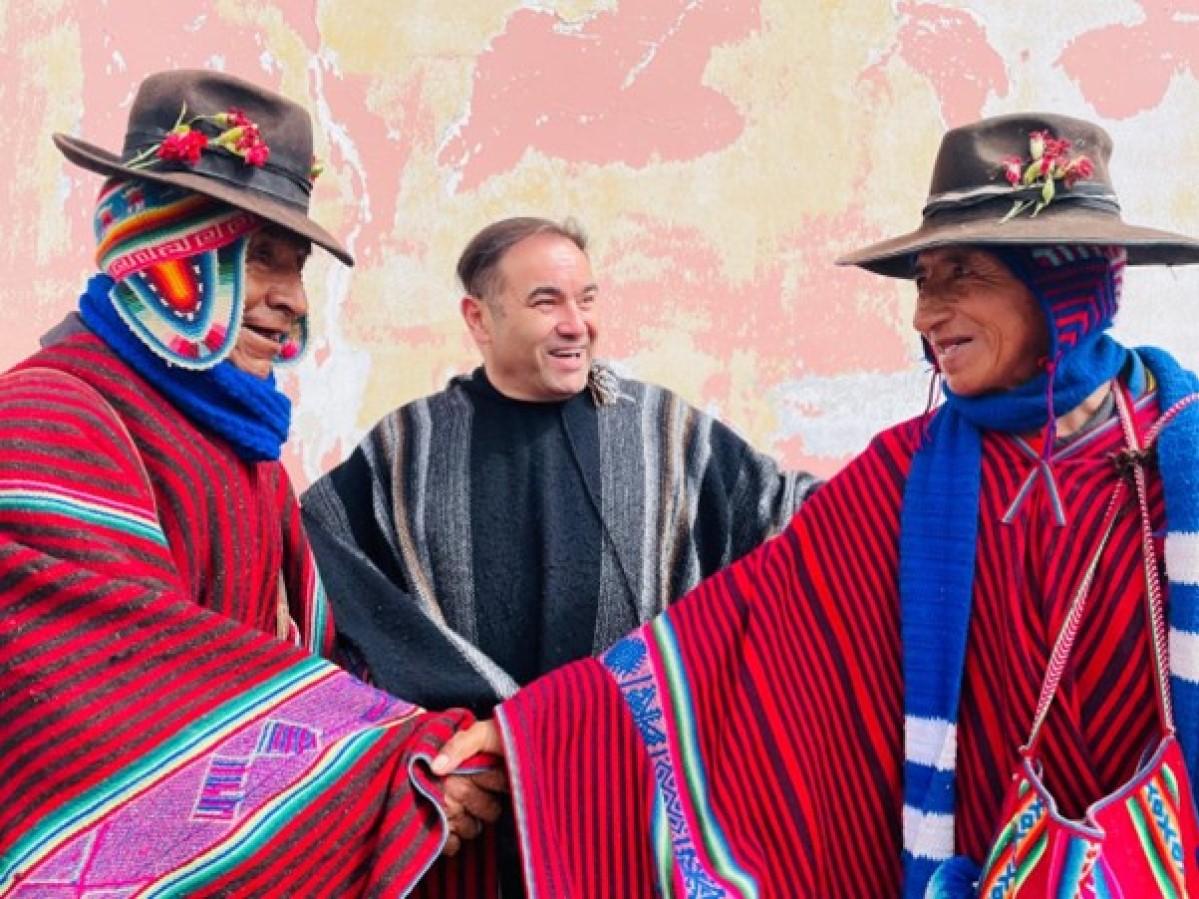 Mgr Giovanni Cefai, MSSP, with tribal elders in Huancan&eacute;, Peru.