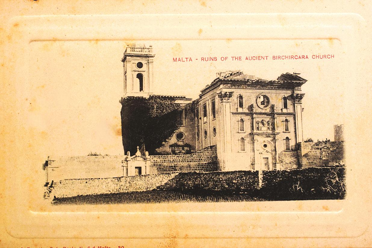 Bonello postcard of the old parish church of Birkirkara. Note typos in the caption.