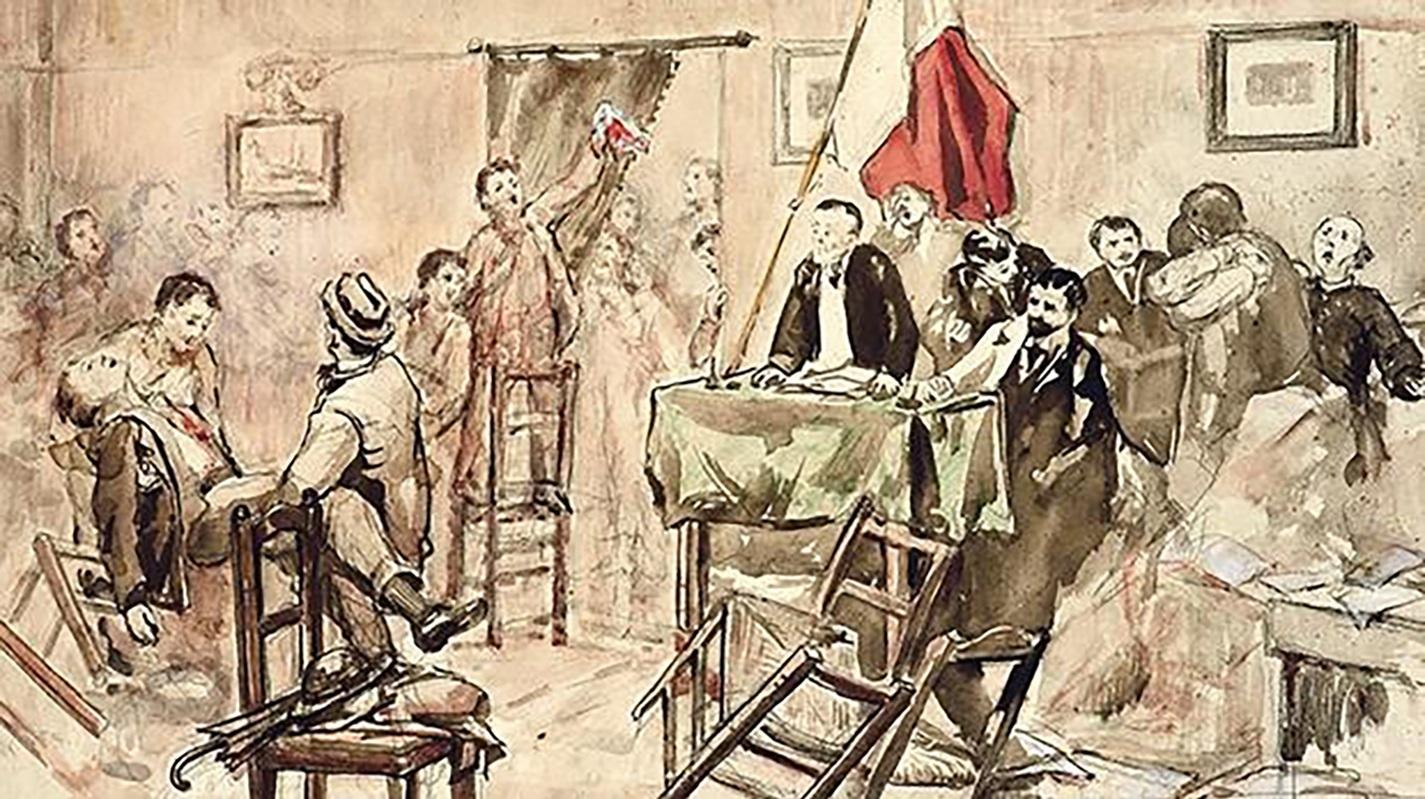 A sketch by Gianni Vella, who was present during the Legislative Assembly meeting when victims and injured individuals were brought into the hall from the crowded streets. Photo: Private collection