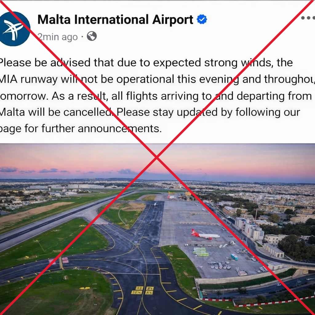 The fake post warning of an airport shutdown due to strong winds.