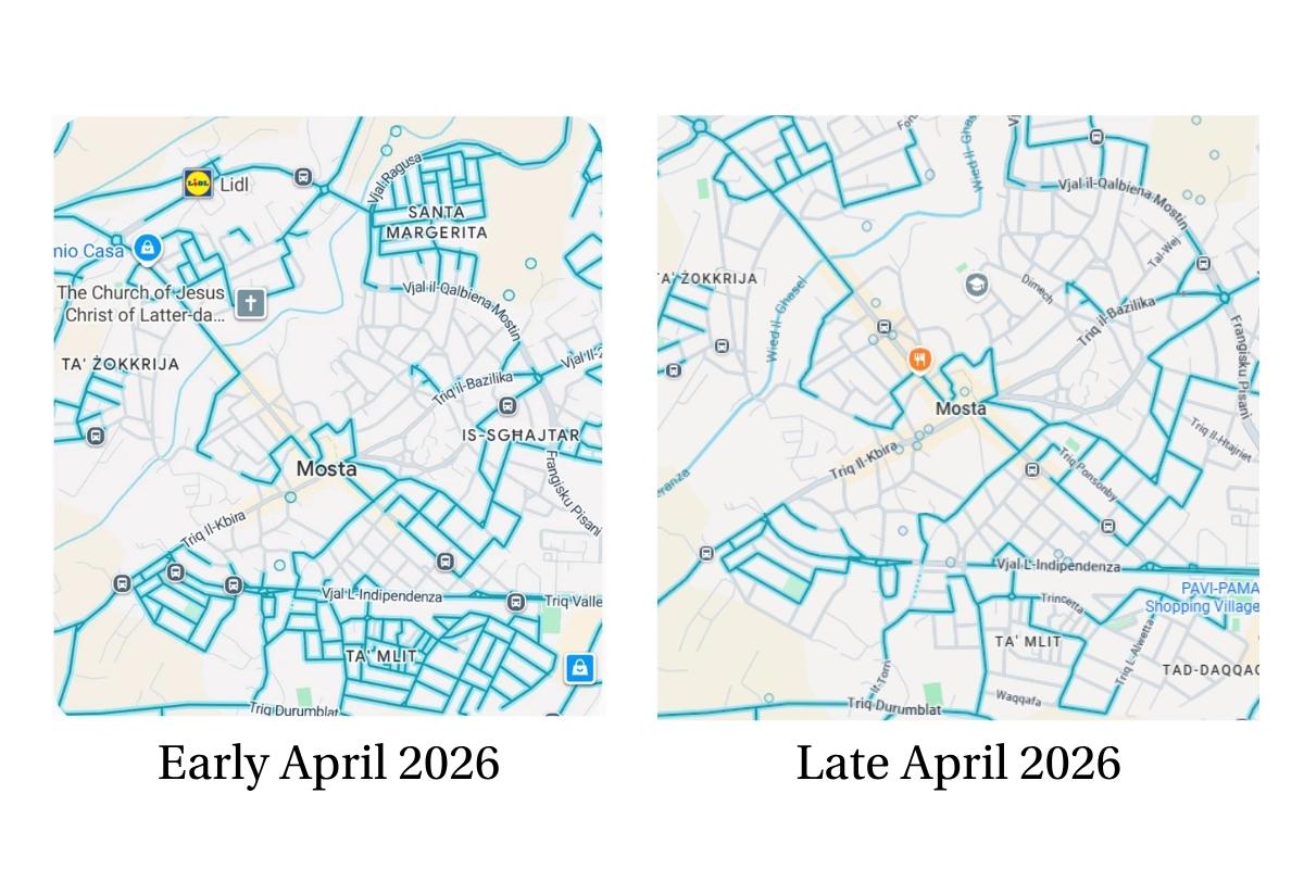 Less roads Mosta appear to be available in recent days, despite Google&rsquo;s assurances it has fixed the issue. Screenshot: Google Maps.