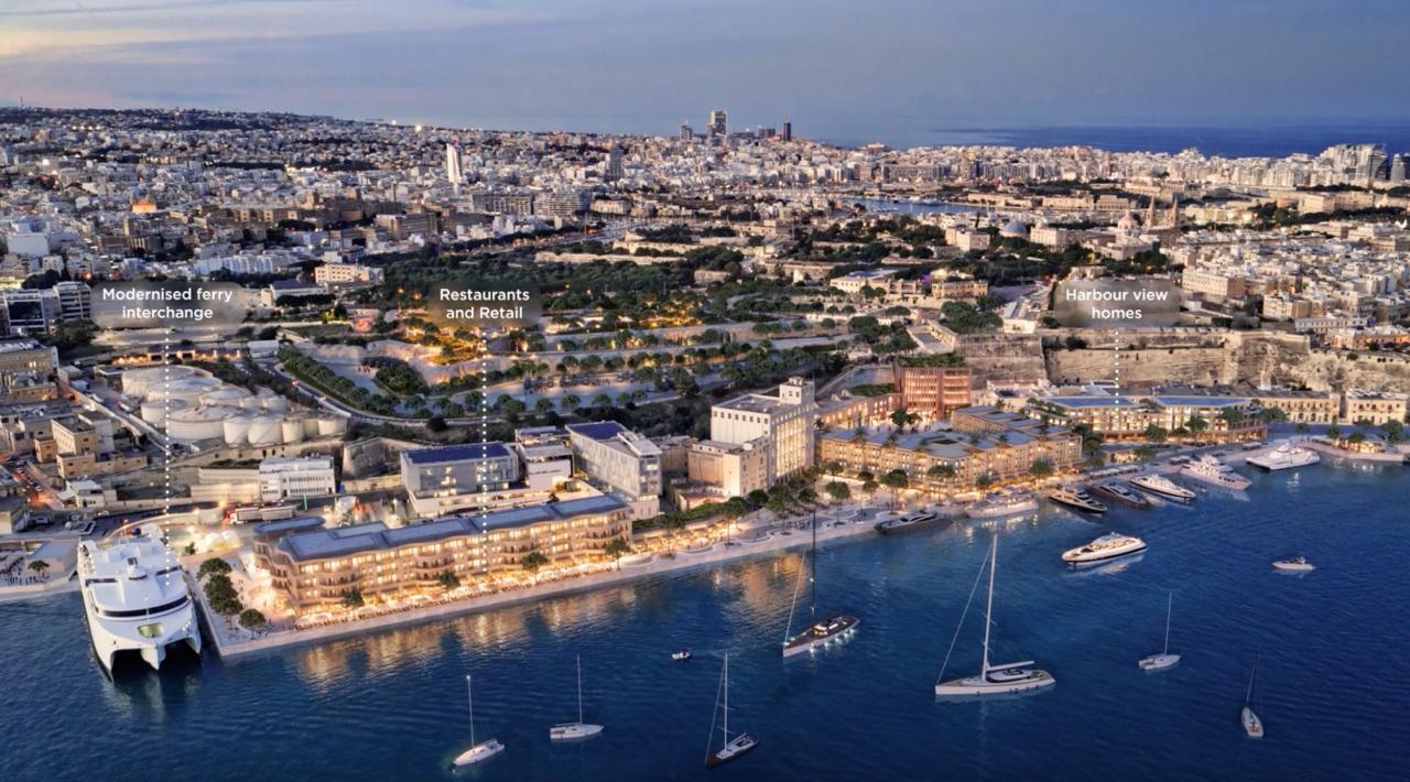 The third phase of the project will turn its focus to the Deep Water Quay where there will be a new modernised ferry interchange, restaurants and retail shops, and the redevelopment of the silo building into a cultural hub. Render: The Grand Harbour Regeneration Corporation