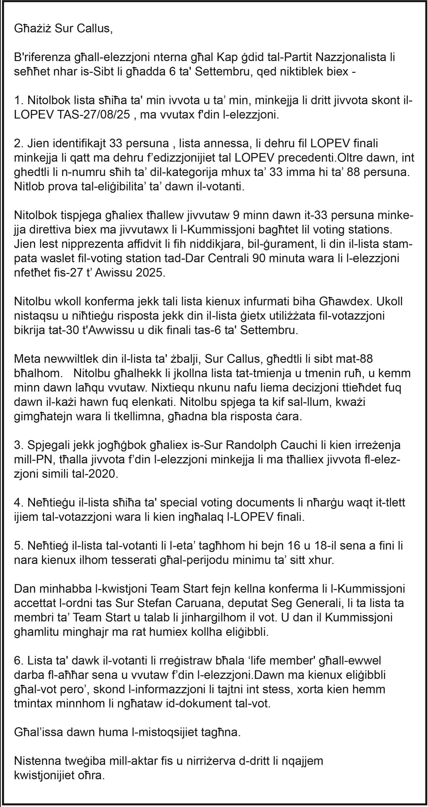 The letter the Delia camp sent to the electoral commission on Monday.