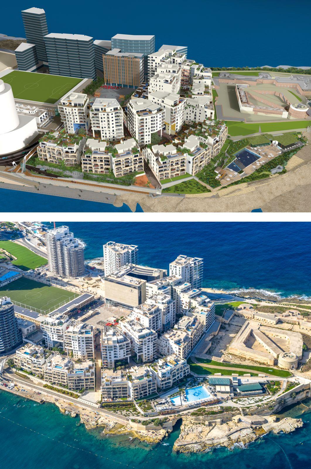 The revised plans (top) and the project today (bottom).
