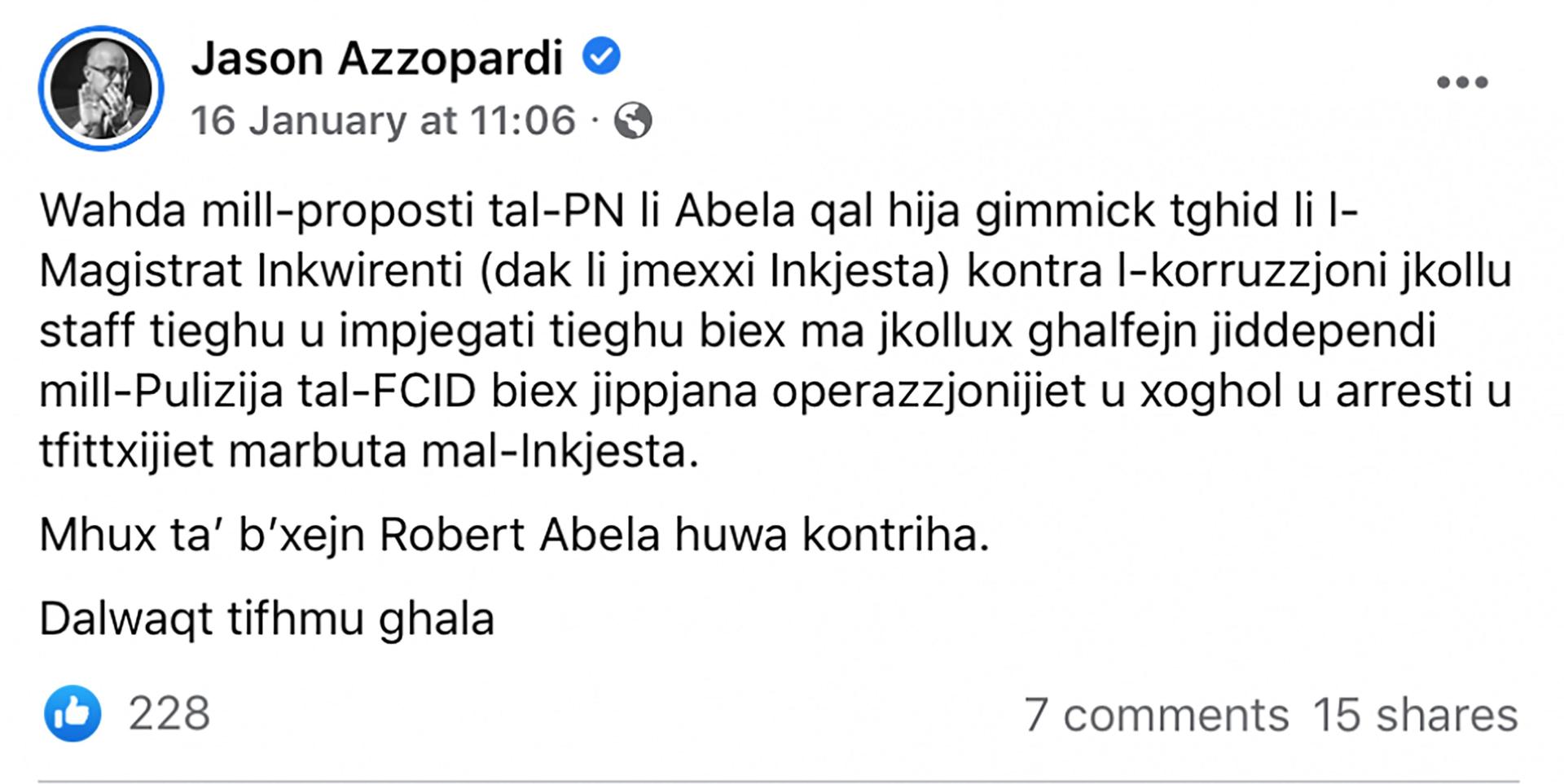 Jason Azzopardi&rsquo;s Facebook post three days ahead of the search.