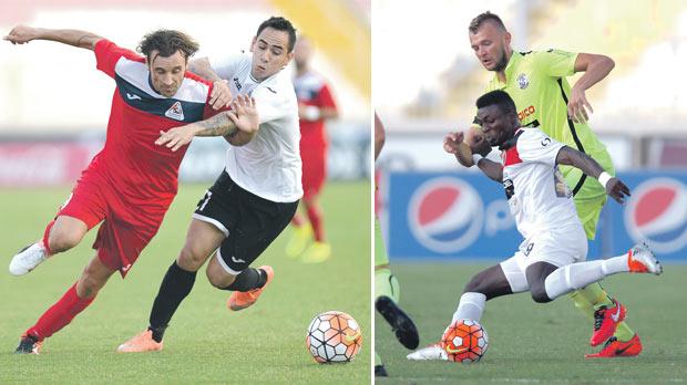 No holds barred... Pembroke&rsquo;s Mano Micallef (left) is challenged by Hibs winger Renan Pimenta Telles. Hibs came back from a goal down to win 2-1. Photo: Matthew Mirabelli. Right: Sharp shooter... Haruna Garba scored a brace in Ħamrun&rsquo;s 3-1 victory over St Andrew&rsquo;s. Photo: Darrin Zammit Lupi