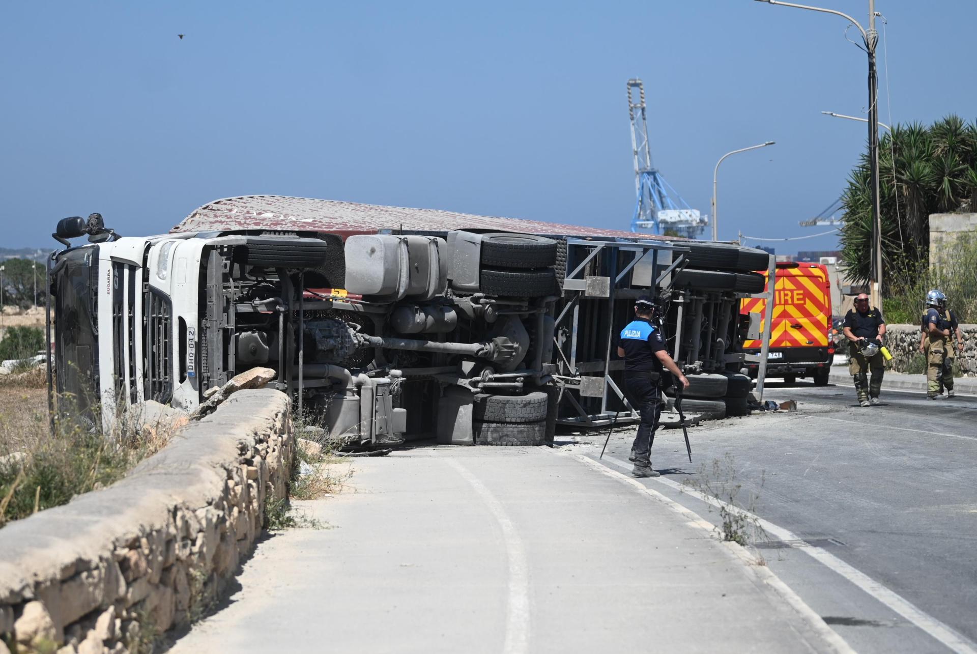 The accident blocked the main road leading from the airport to Birżebbuġa. Photo: Jonathan Borg