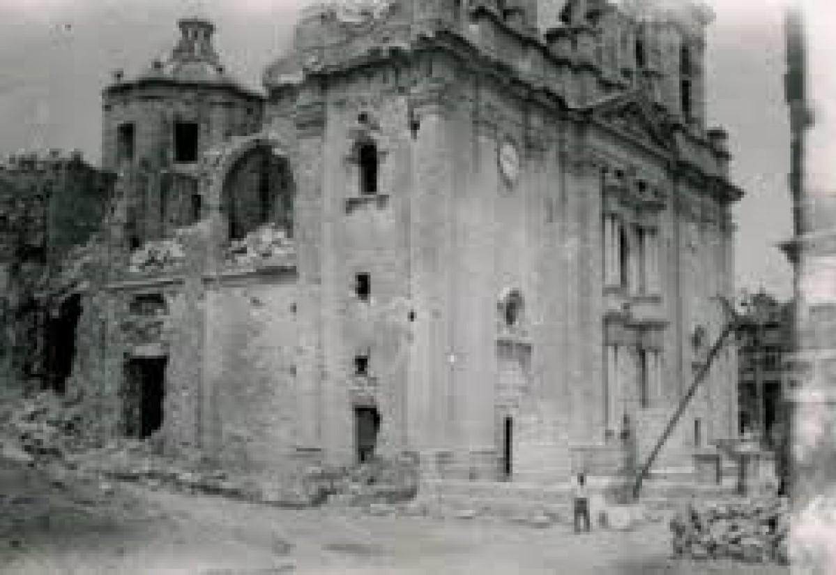 Luqa parish Church after it was hit by bombs in April 1942.