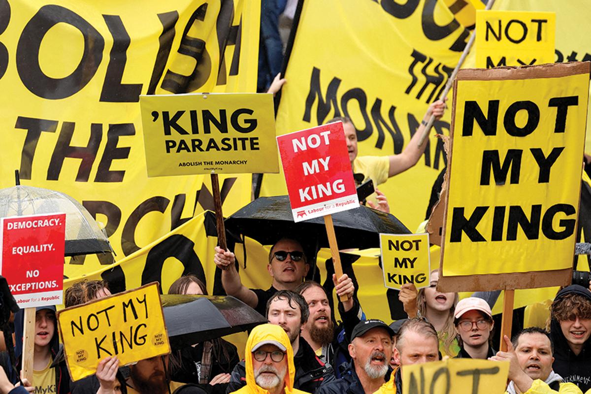 People protest on the day of the coronation of Britain&rsquo;s King Charles III on May 6. Photo: AFP