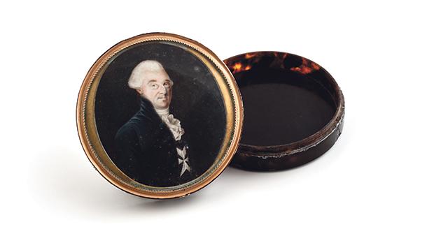 Box with portrait miniature of a Knight of Malta, Miniature, Metal gilt, Tortoiseshell, Late 18th century, 2.5 x 8.5 (dia), National Museum of Fine Arts,Valletta &ndash; Heritage Malta.