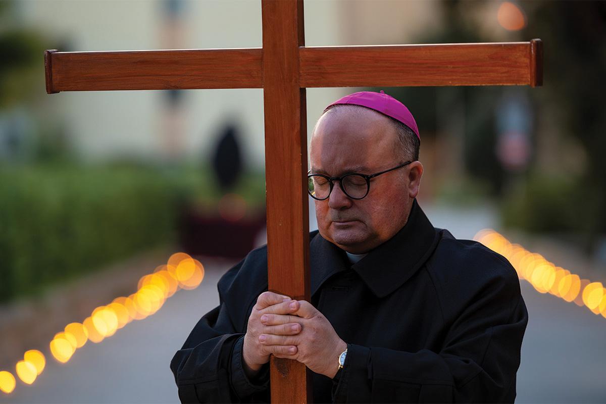 The archbishop leading a Via Crucis (Way of the Cross) at the Archbishop&rsquo;s Seminary in Tal-Virt&ugrave;, Rabat, on Good Friday.