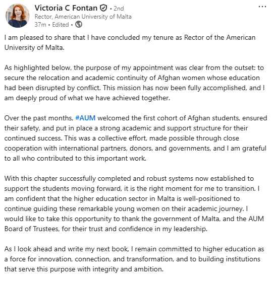 Victoria Fontan announced her resignation on LinkedIn earlier today. Screenshot: LinkedIn.