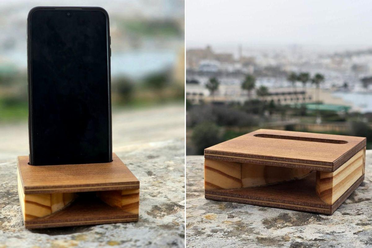 The amplifier is made of wood and Elevate says it also doubles as a phone stand.