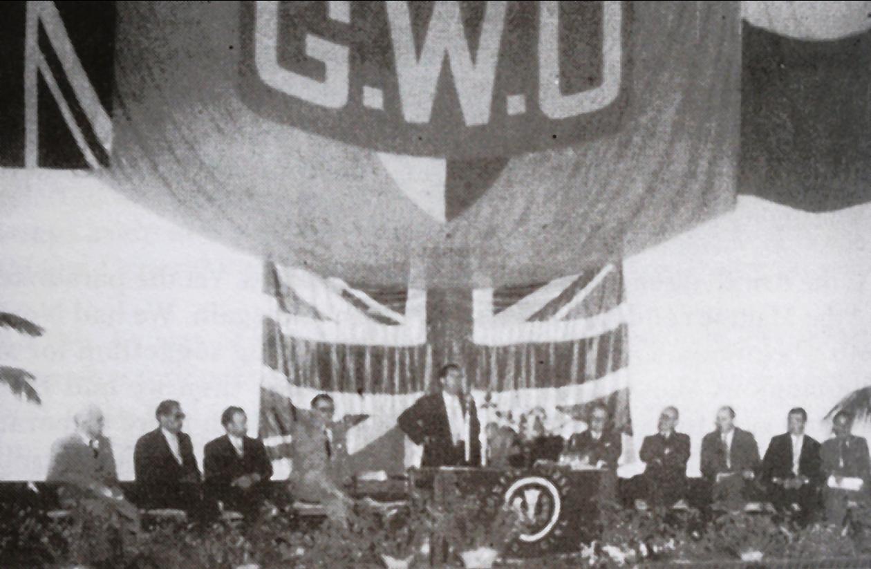 Dom Mintoff addressing a GWU conference during the 1956 Integration with Britain campaign.