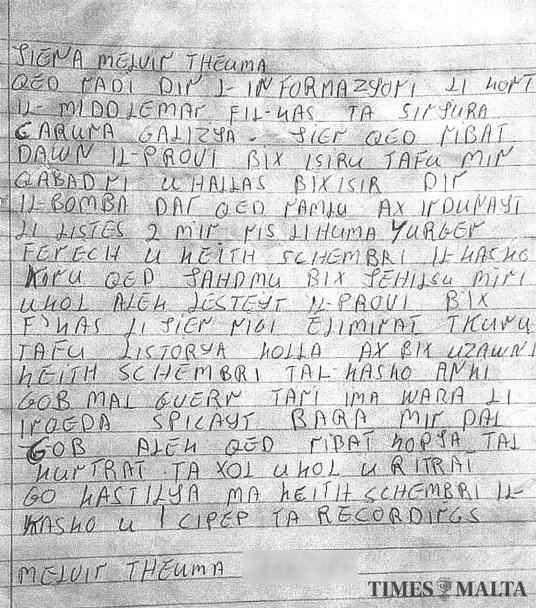 Fearing for his life, Melvin Theuma confessed in the letter to being the middleman in journalist Daphne Caruana Galizia&rsquo;s assassination.