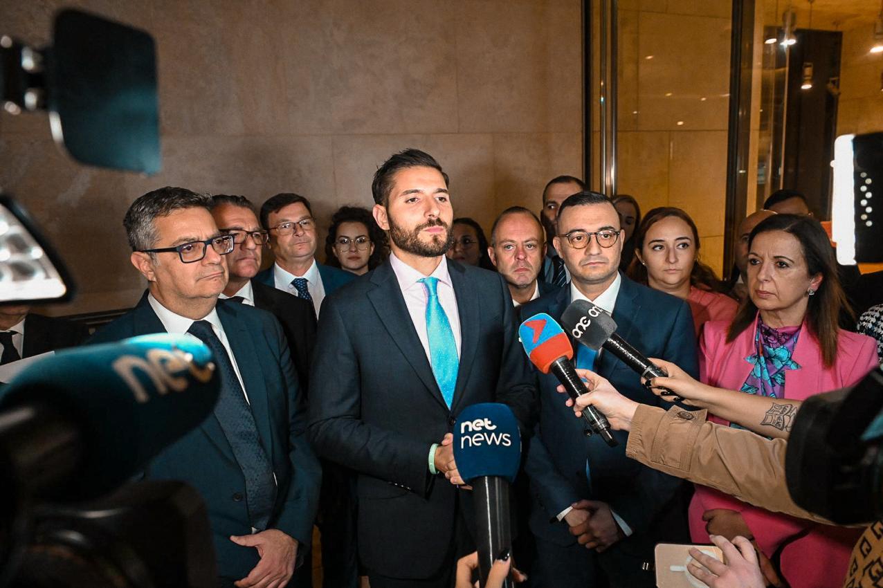 Alex Borg speaking outside Parliament following the PM's speech. Photo: PN.