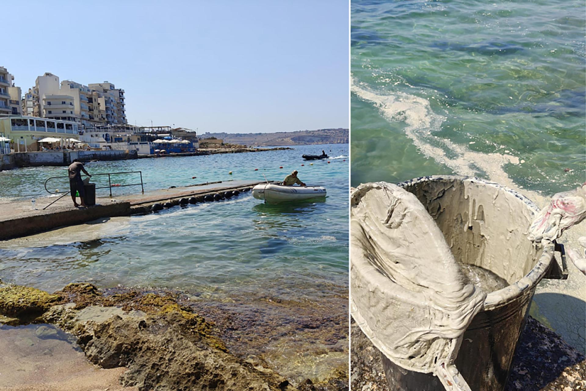 A crew cleaning up sea slime in Buġibba. Photos: Marc Galdes