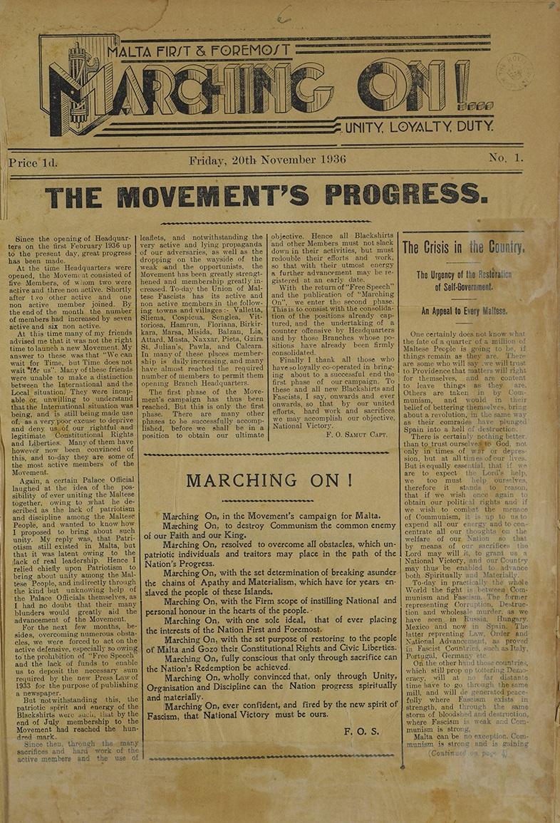 Front cover of the first issue of the Marching On! Photo: National Archives Malta