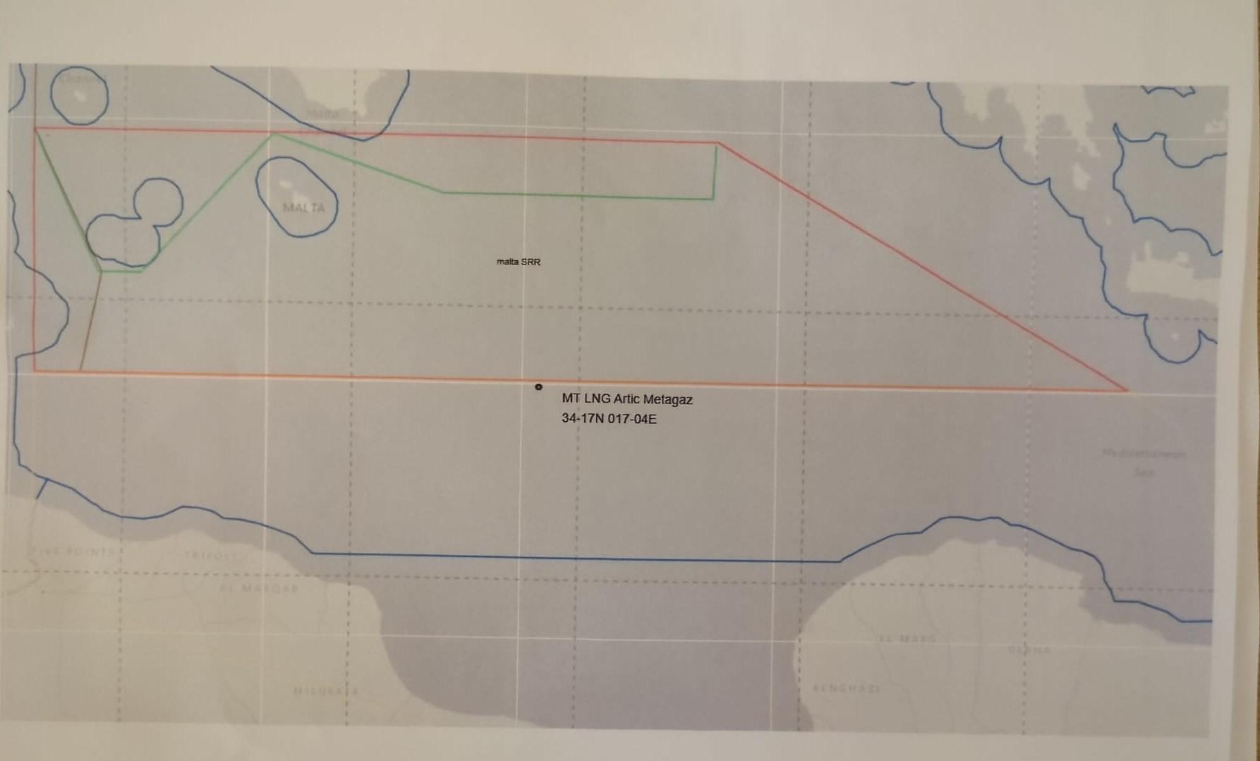 Where the ship was when its distress call was issued. The red/orange line marks out Malta's search and rescue area.