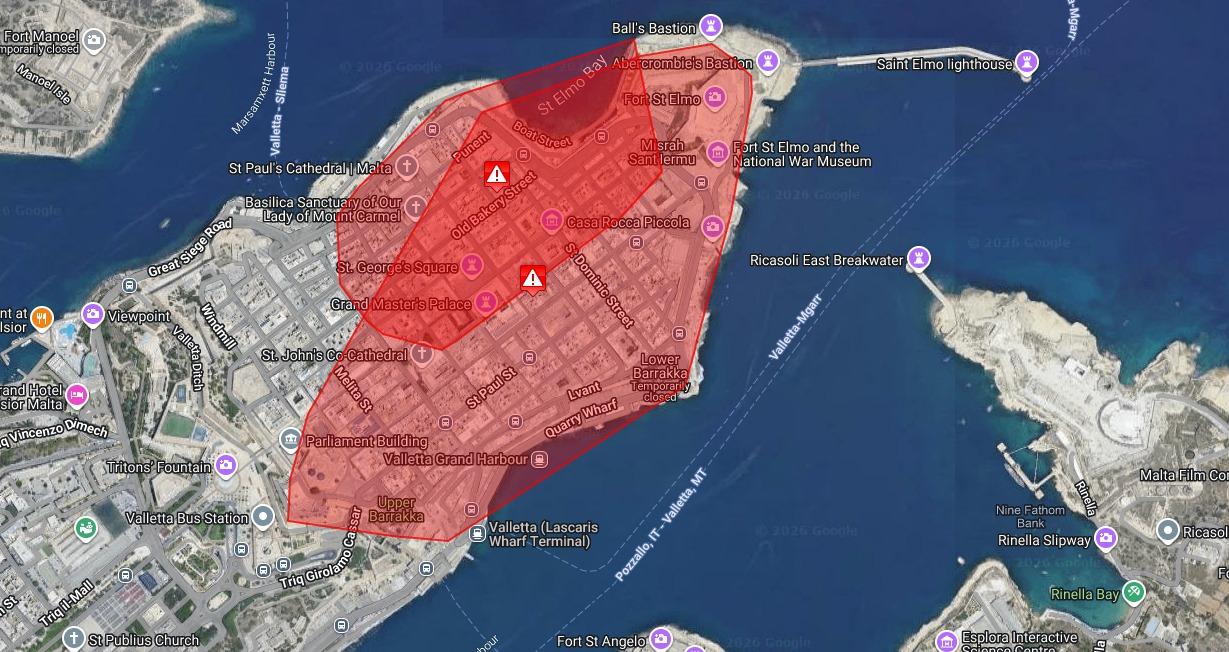 Enemalta's live outages map shows most of Valletta hit by power cuts. Photo: Enemalta