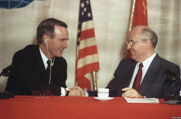 George Bush meeting former Soviet leader Mikhail Gorbachev in Malta in December 1989.
