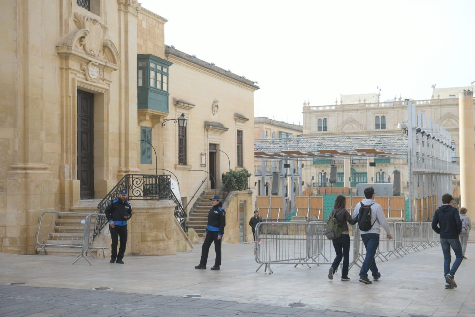 Police barricades reach all the way to Castille square ahead of Monday nights protest. Photo: Matthew Mirabelli