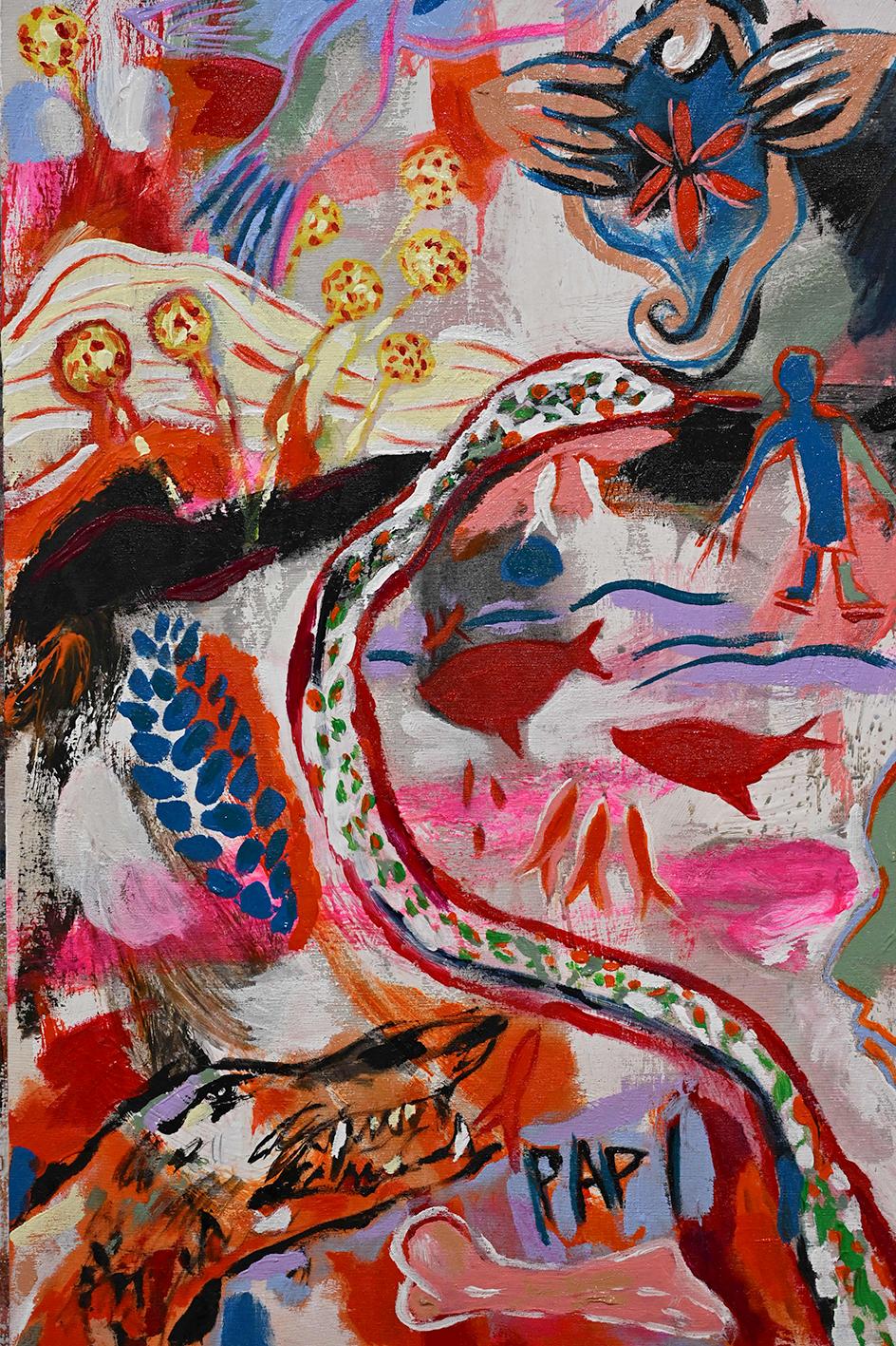 Details of the painting <em>Sheela Papi</em>. Right corner of the painting is a reference to a <em>Sheela na gig</em>.