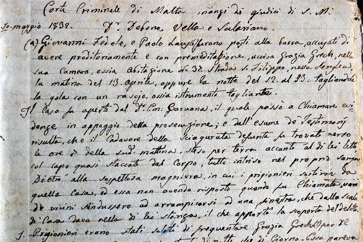 The opening paragraph of the manuscript which describes in detail the murder, the trial and the execution of the accused. Photo: Private Collection