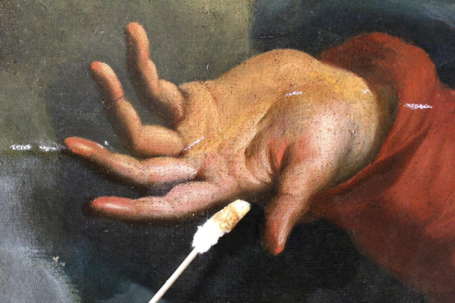Details taken during the cleaning of varnish and overpaint. Photo credit: ASC Conservation Centre Ltd.