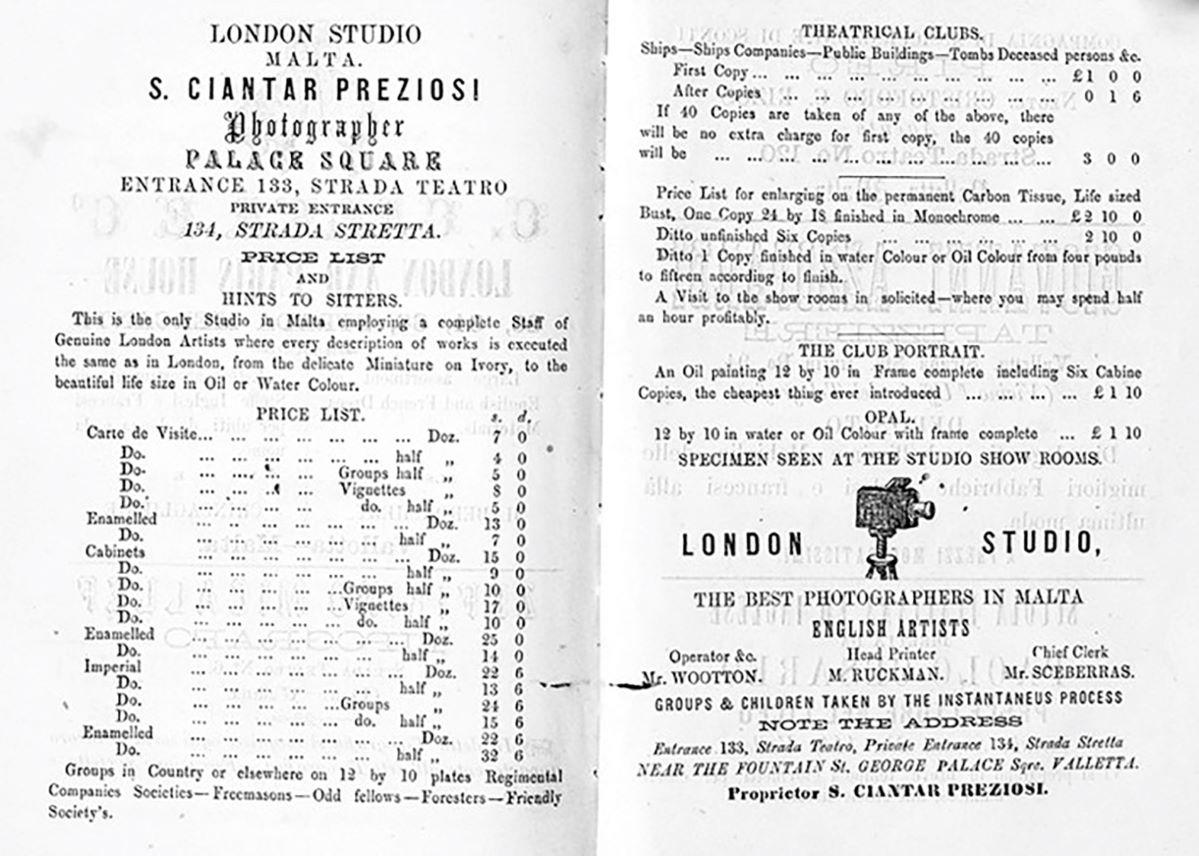 The price list of Ciantar Preziosi&rsquo;s London Studio.