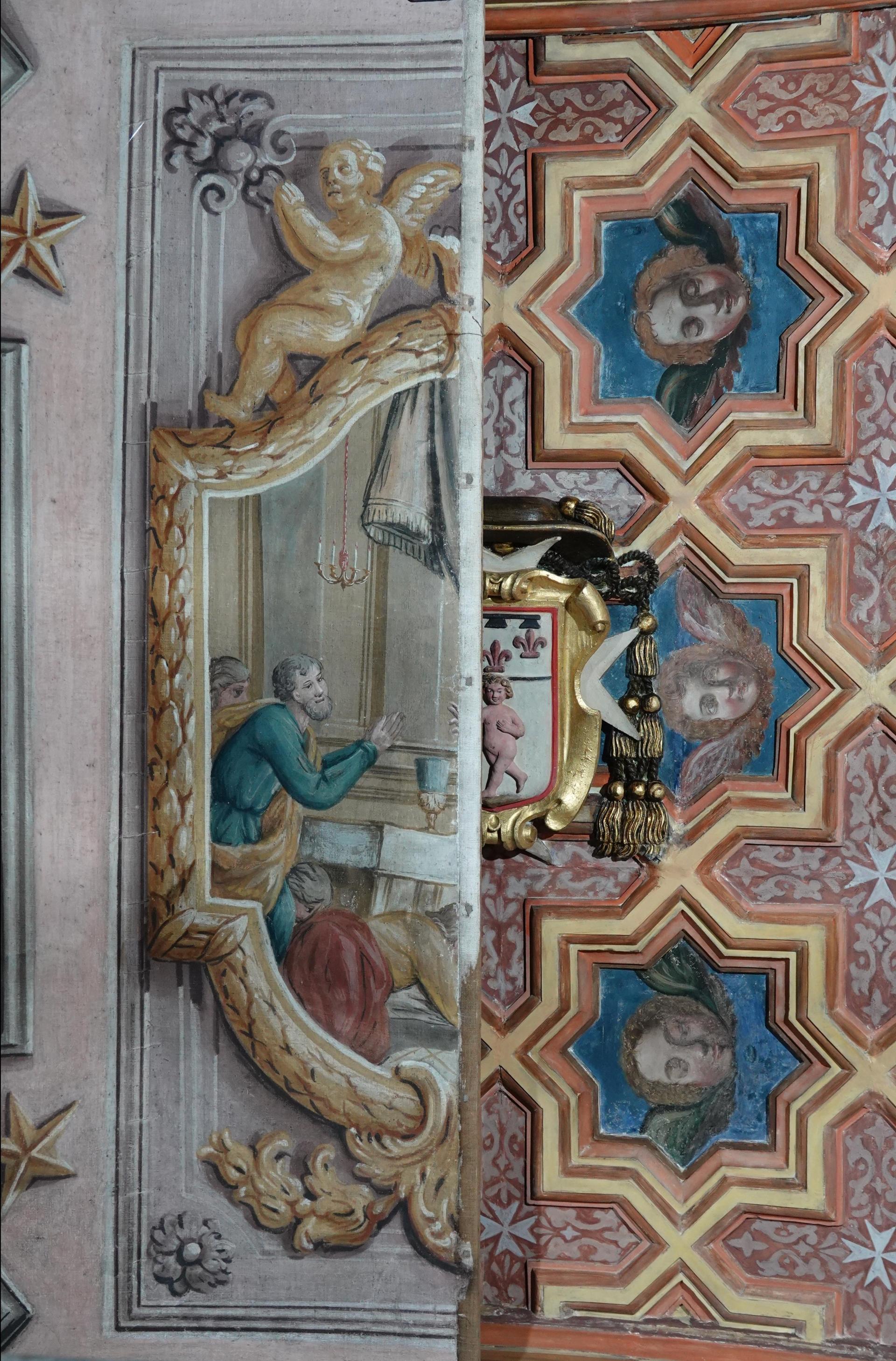 The 17th cent. ceiling behind the 18th cent. canvas ceiling - vertical. Photo: Curatorial Studio