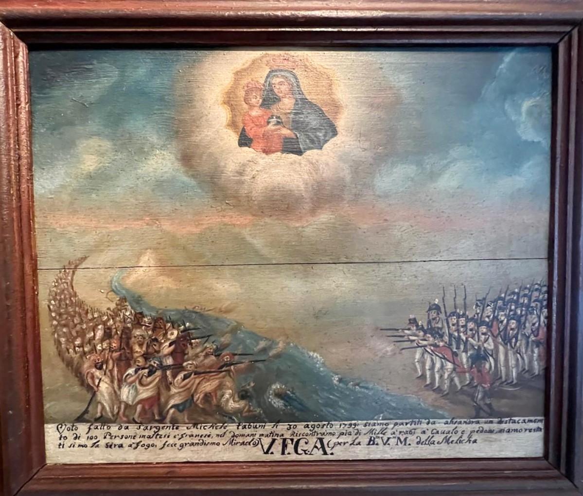 The ex-voto painting of Sergeant Michele Tabuni of the Legion Maltaise, depicting a skirmish with Arab soldiers in the desert. Photo: Author&rsquo;s collection