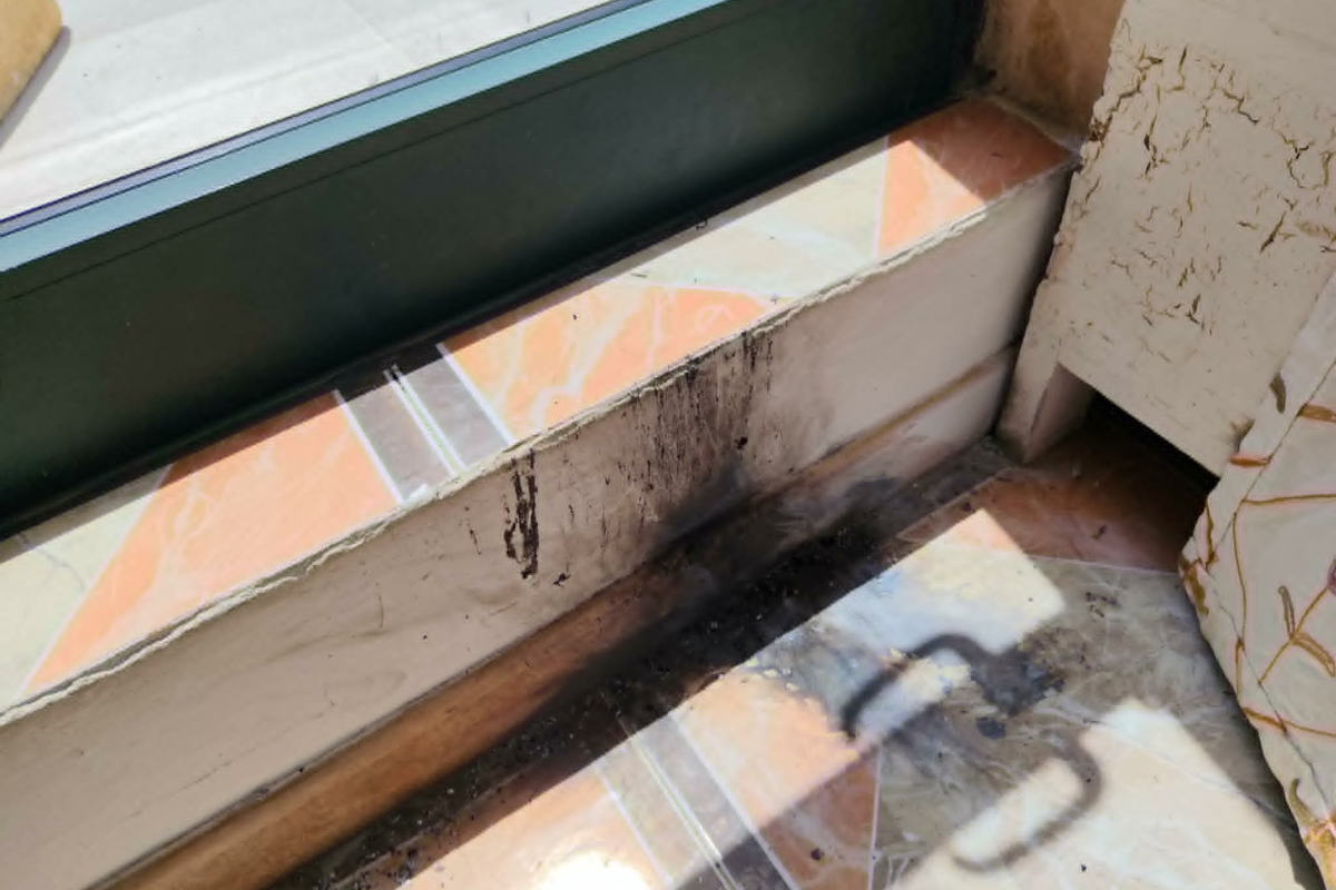 The damaged washroom tiles.