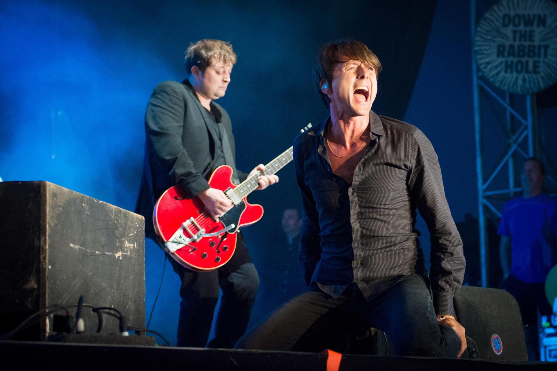 Richard Oakes and Brett Anderson of Suede perform live on stage at Down The Rabbit Hole Festival in June 2016.