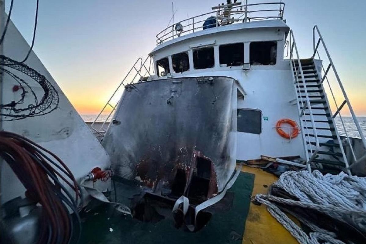 Photo by Freedom Flotilla of damage to the Conscience vessel caused by an alleged drone attack.
