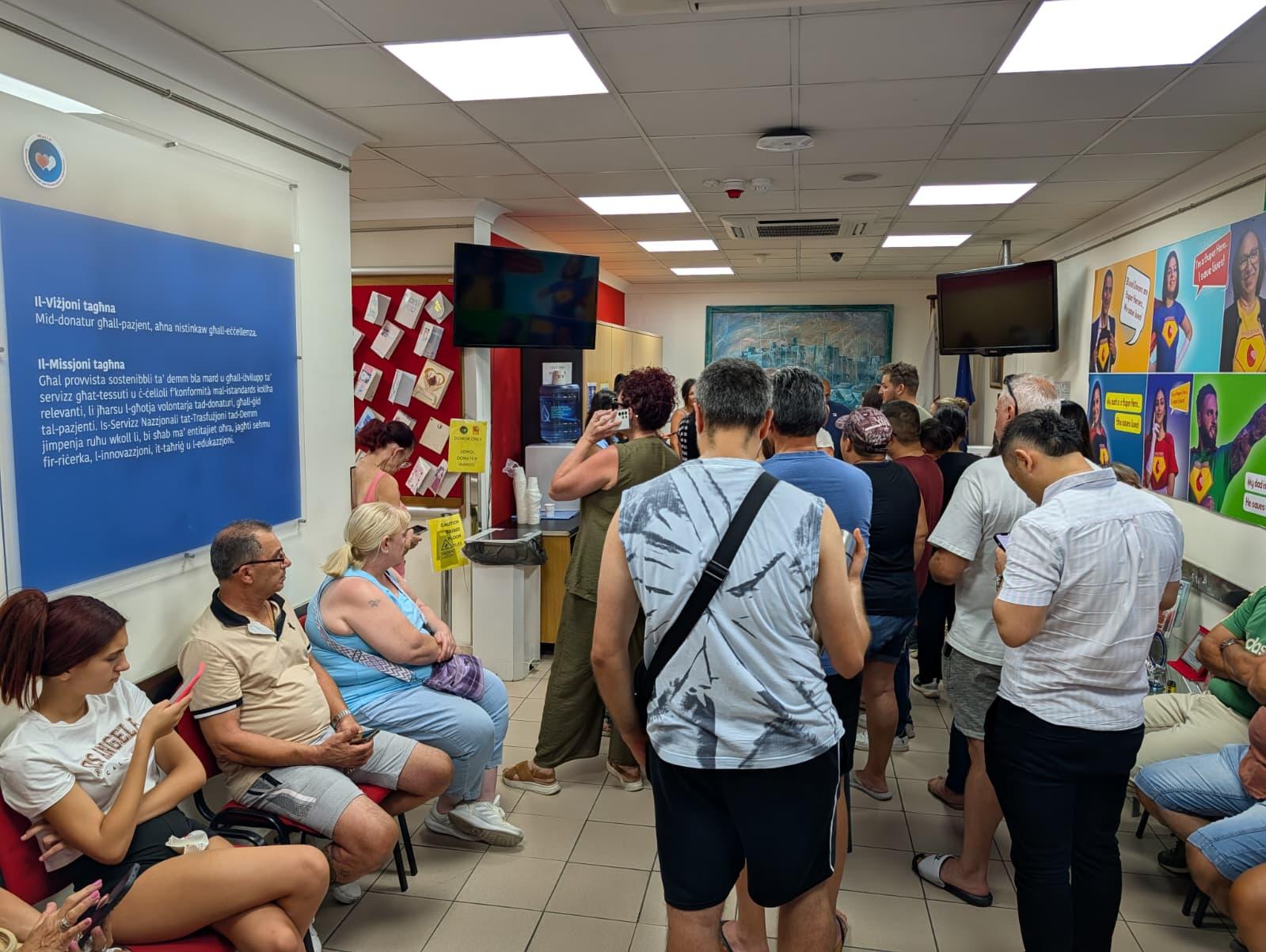 The packed blood donation waiting room. Photo: Chris Sant Fournier