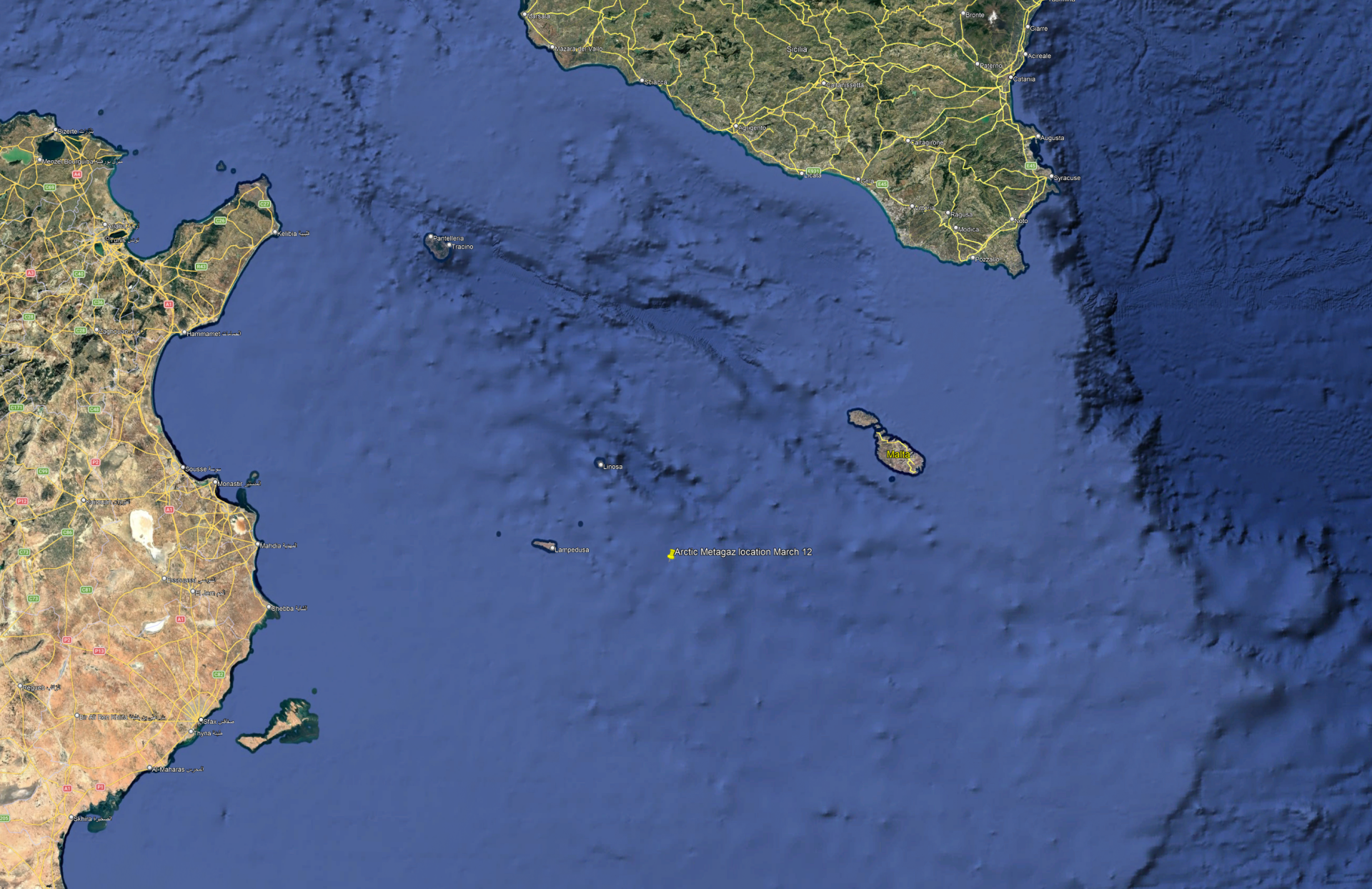 The tanker's current location according to coordinates issued by Transport Malta. Image: Google Earth