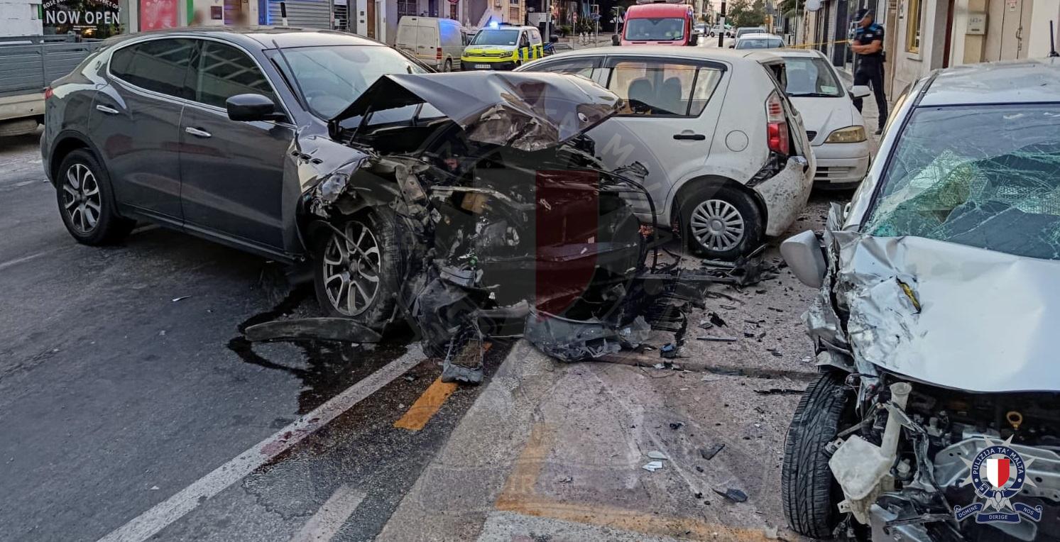On impact, the car crashed into three parked vehicles. Photo: Malta Police Force