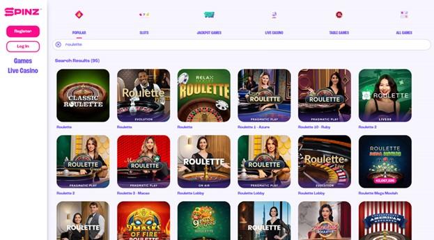 Spinz casino's roulette search results showing 95 different titles including Mega Moolah.