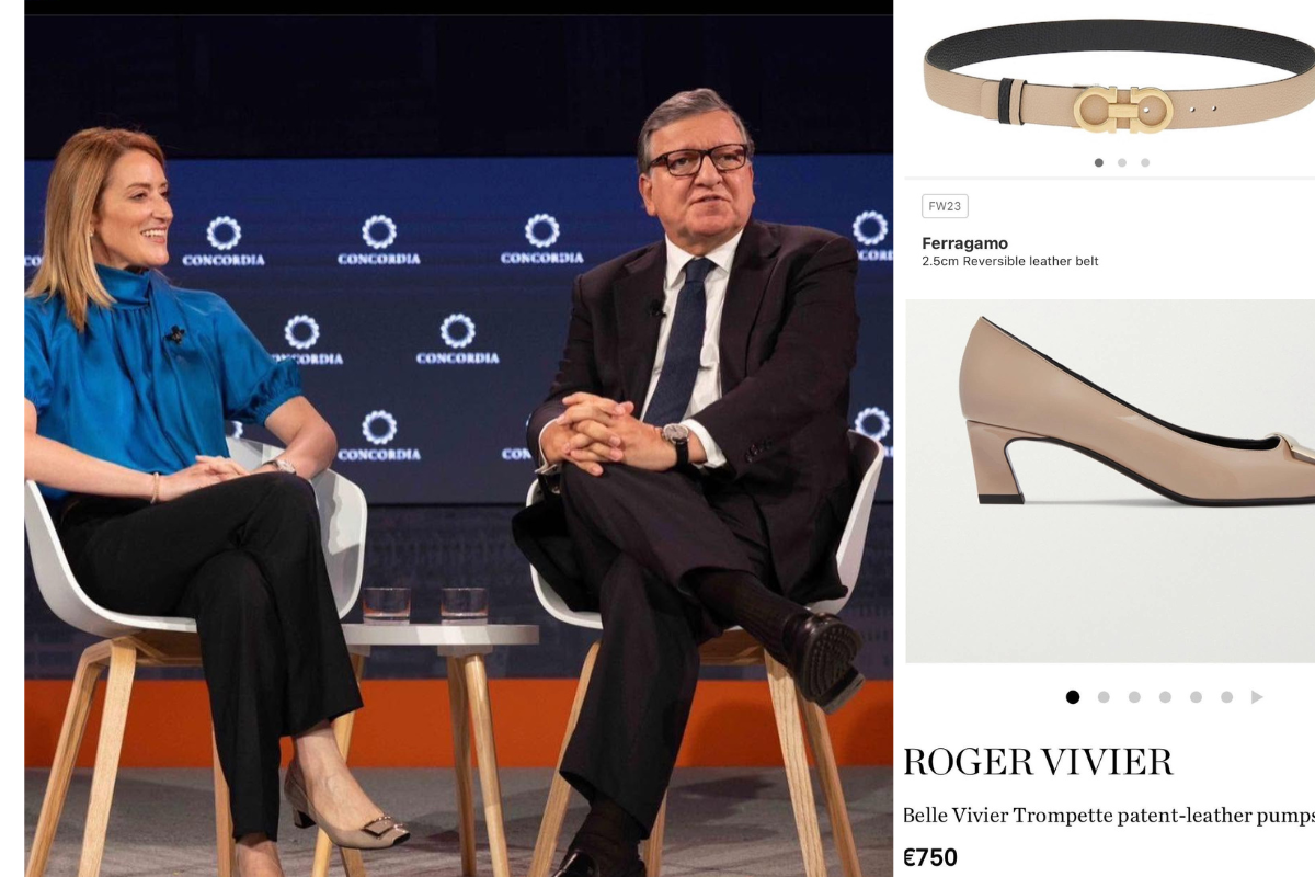 Who Wore What breaking down the outfit worn by European Parliament President Roberta Metsola back in 2023. Metsola paired the outfit with a ferragamo belt and a pair of Roger Vivier shoes. Photo: Facebook/Instagram
