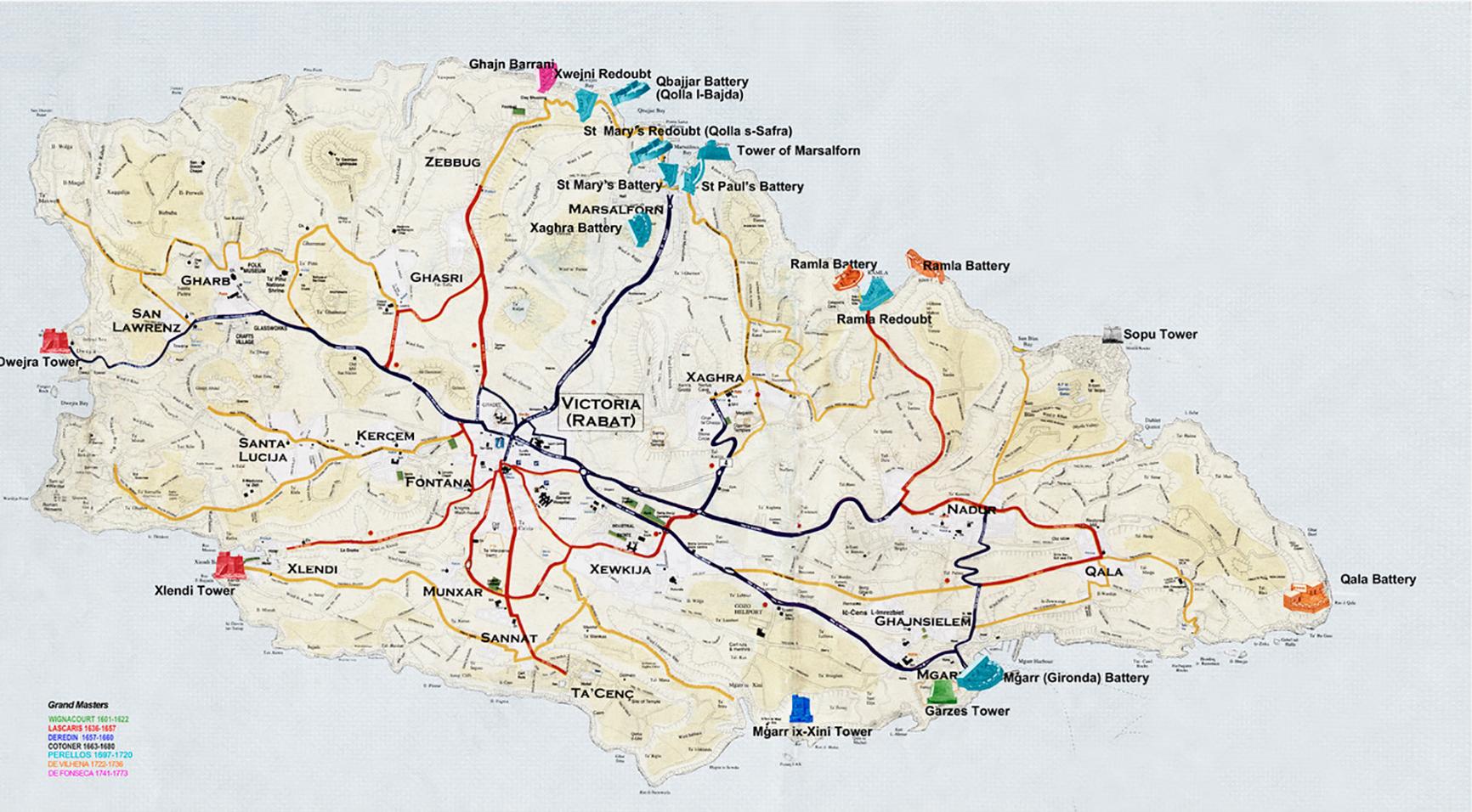 Map of Gozo surrounded with its towers and batteries.